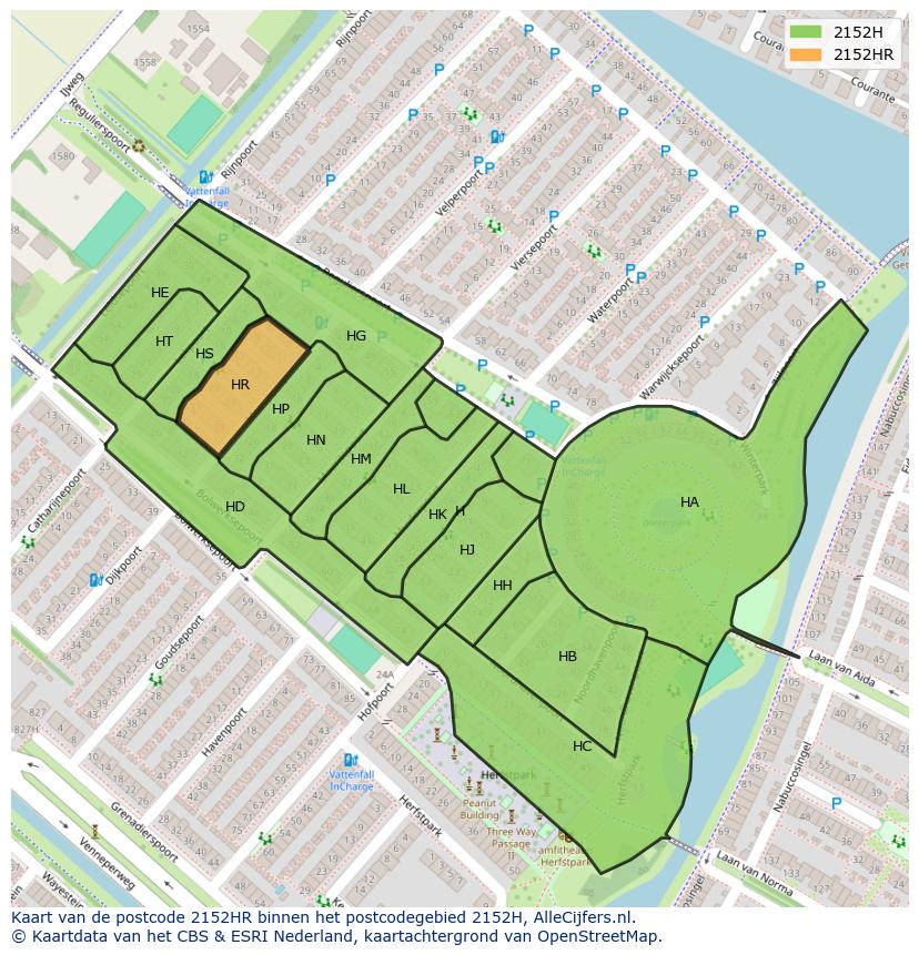 Afbeelding van het postcodegebied 2152 HR op de kaart.
