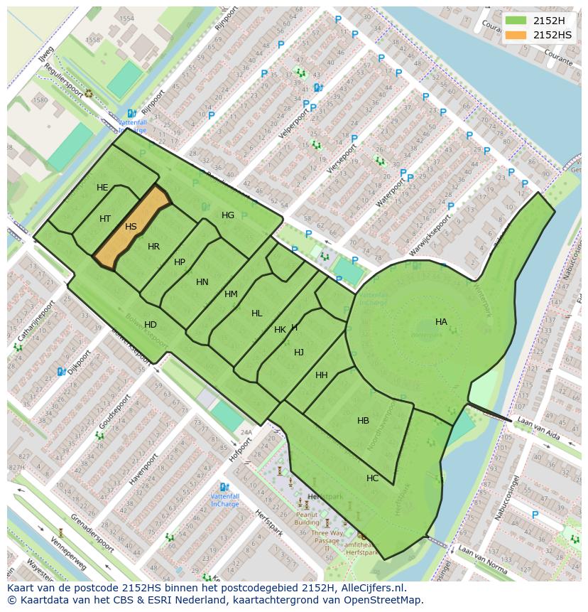 Afbeelding van het postcodegebied 2152 HS op de kaart.
