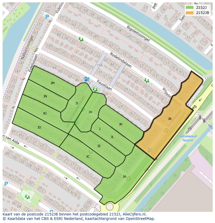 Afbeelding van het postcodegebied 2152 JB op de kaart.