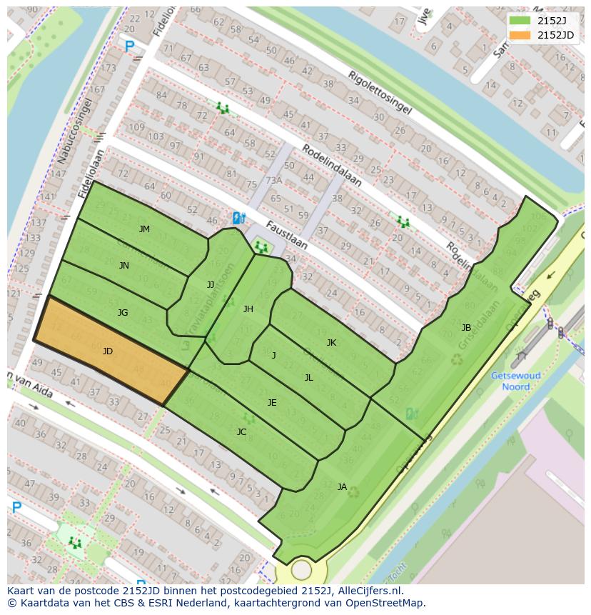 Afbeelding van het postcodegebied 2152 JD op de kaart.