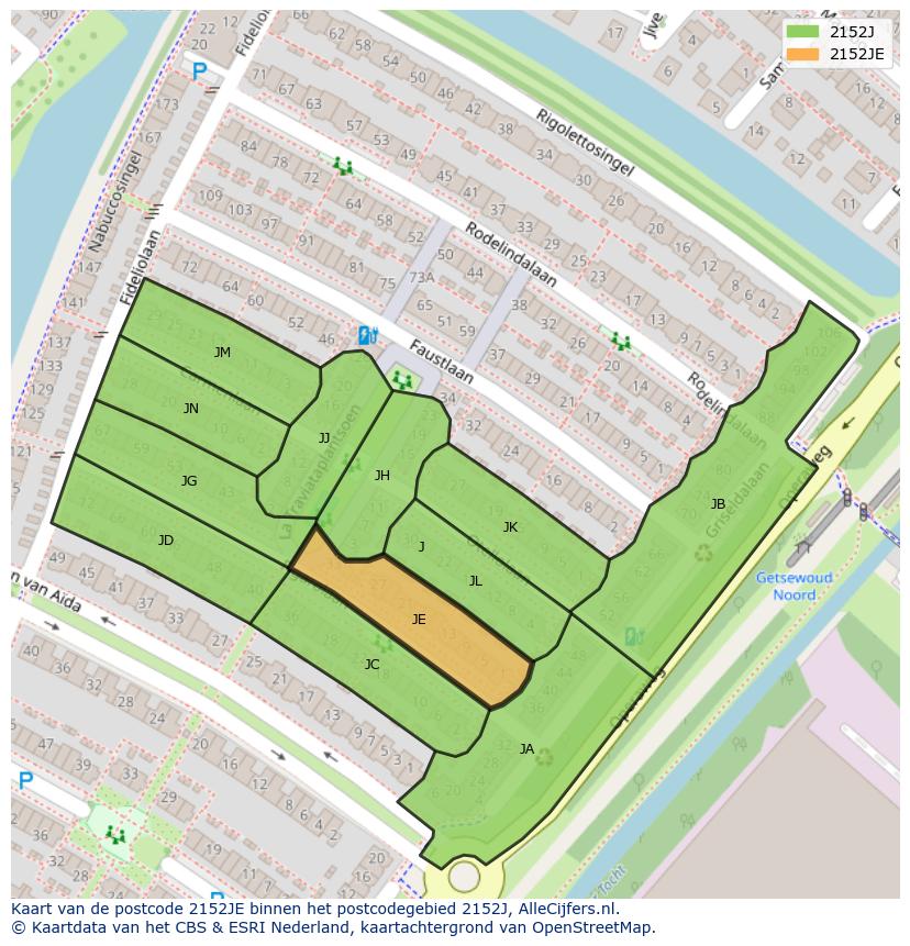 Afbeelding van het postcodegebied 2152 JE op de kaart.