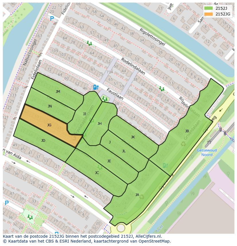 Afbeelding van het postcodegebied 2152 JG op de kaart.