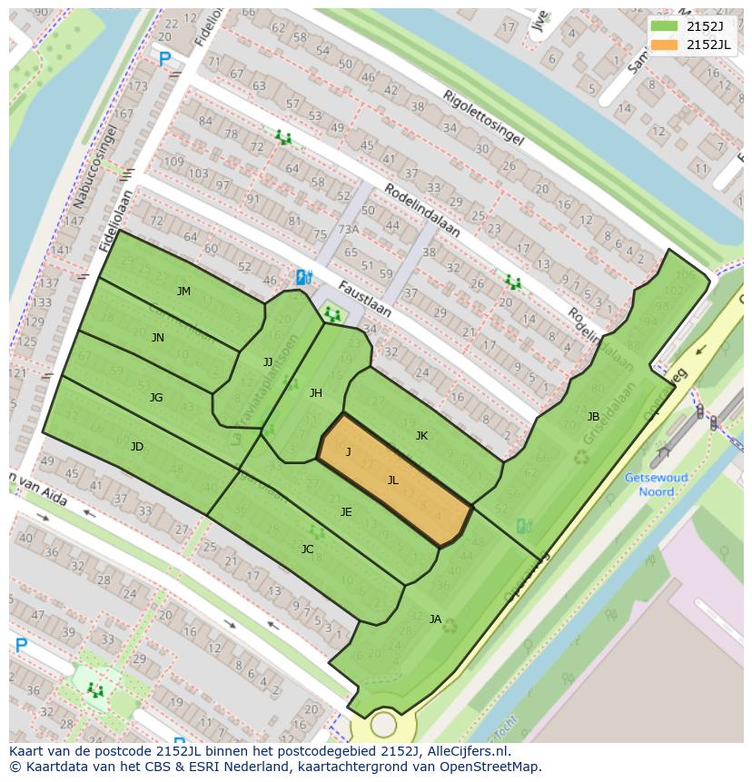 Afbeelding van het postcodegebied 2152 JL op de kaart.