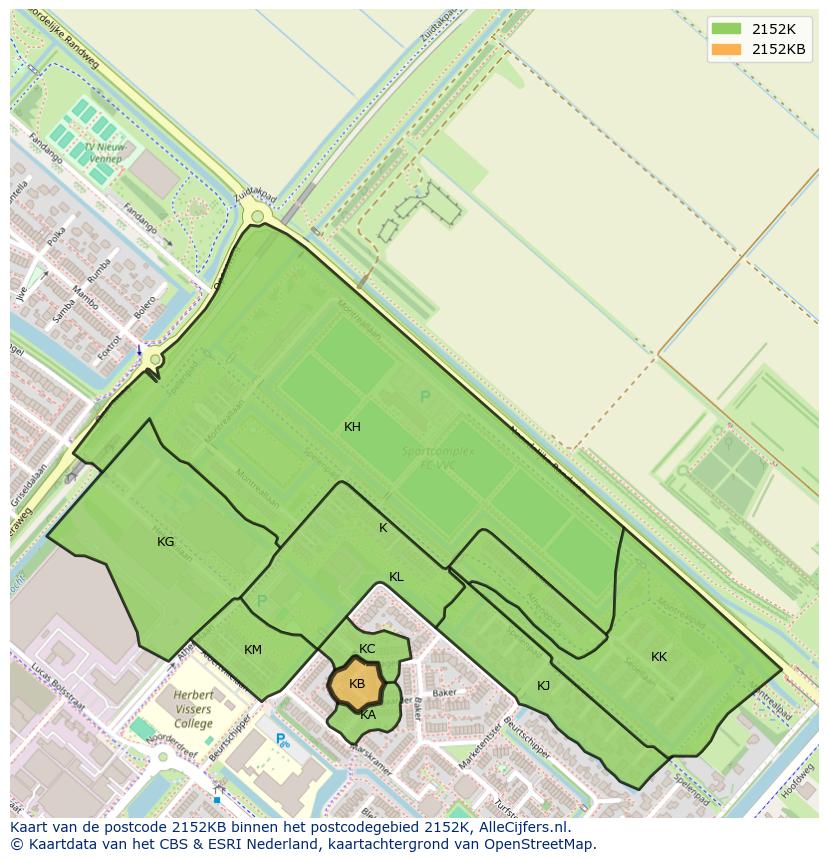 Afbeelding van het postcodegebied 2152 KB op de kaart.