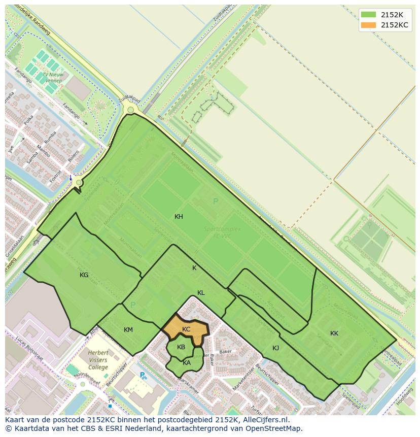 Afbeelding van het postcodegebied 2152 KC op de kaart.