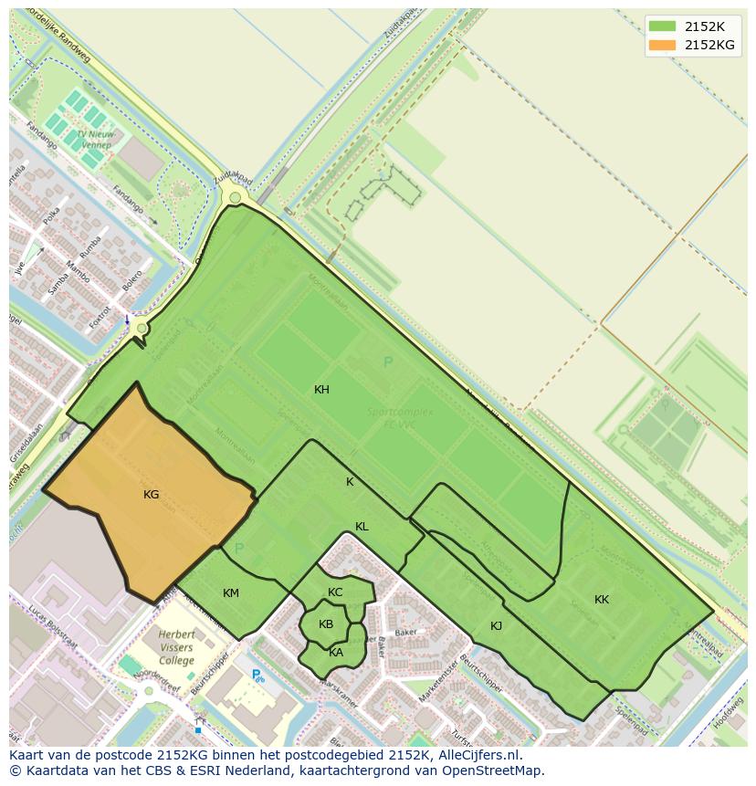 Afbeelding van het postcodegebied 2152 KG op de kaart.