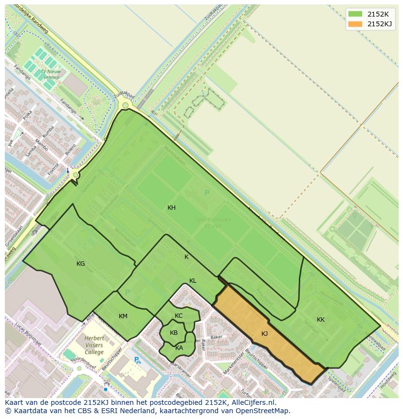 Afbeelding van het postcodegebied 2152 KJ op de kaart.