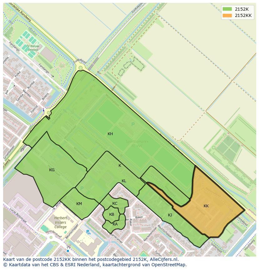 Afbeelding van het postcodegebied 2152 KK op de kaart.
