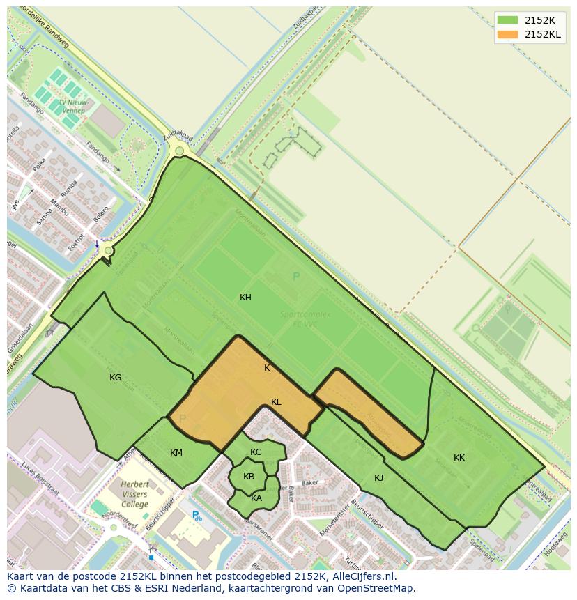 Afbeelding van het postcodegebied 2152 KL op de kaart.
