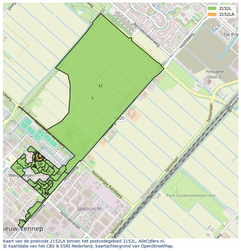 Afbeelding van het postcodegebied 2152 LA op de kaart.