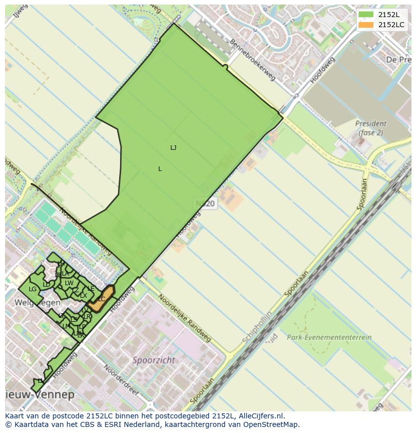 Afbeelding van het postcodegebied 2152 LC op de kaart.