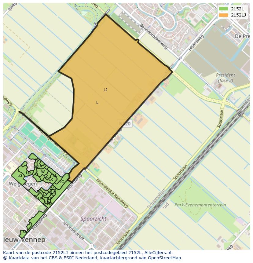 Afbeelding van het postcodegebied 2152 LJ op de kaart.