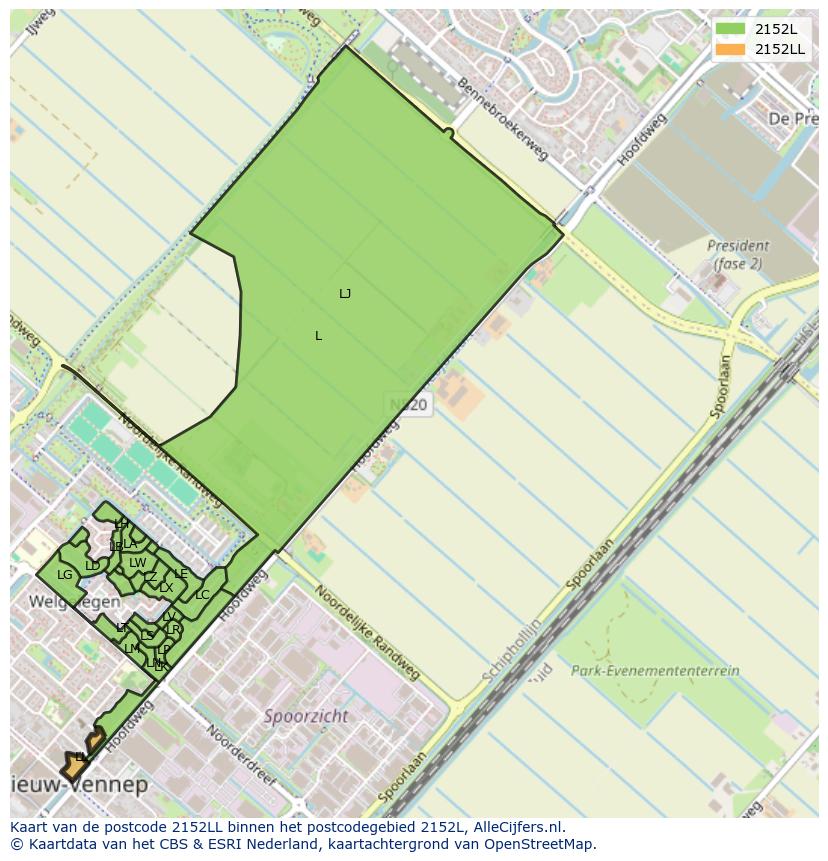 Afbeelding van het postcodegebied 2152 LL op de kaart.