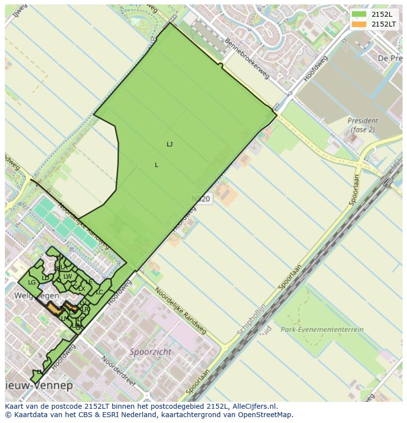 Afbeelding van het postcodegebied 2152 LT op de kaart.