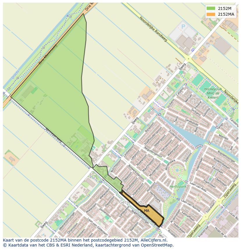 Afbeelding van het postcodegebied 2152 MA op de kaart.