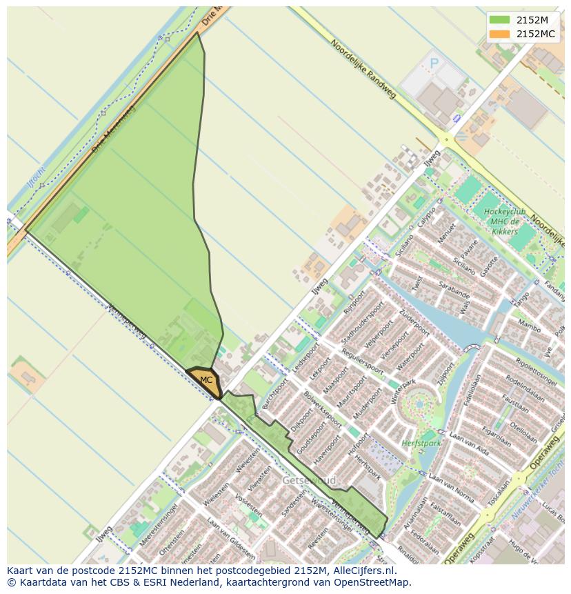 Afbeelding van het postcodegebied 2152 MC op de kaart.