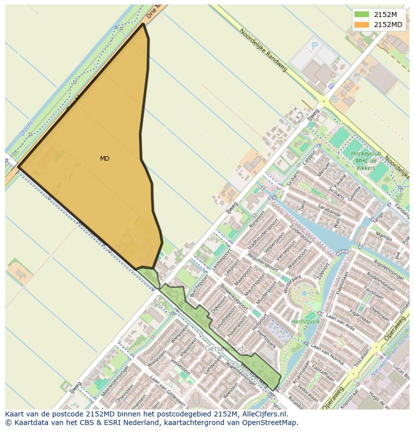 Afbeelding van het postcodegebied 2152 MD op de kaart.