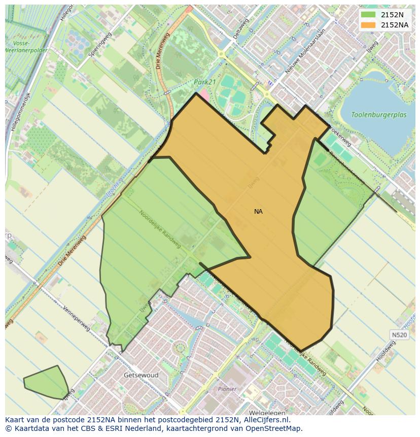 Afbeelding van het postcodegebied 2152 NA op de kaart.