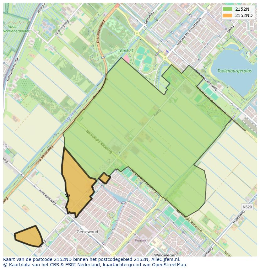 Afbeelding van het postcodegebied 2152 ND op de kaart.