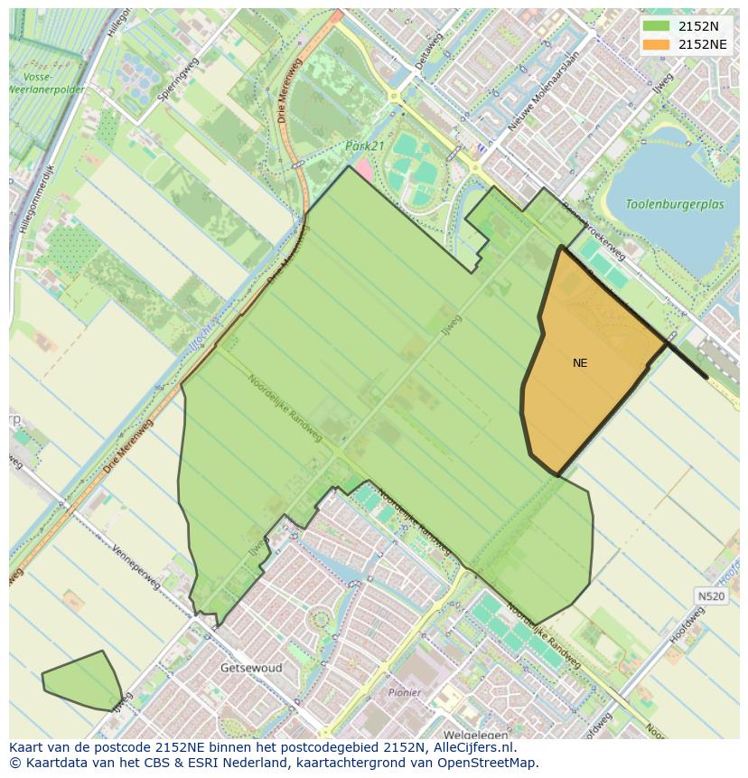 Afbeelding van het postcodegebied 2152 NE op de kaart.
