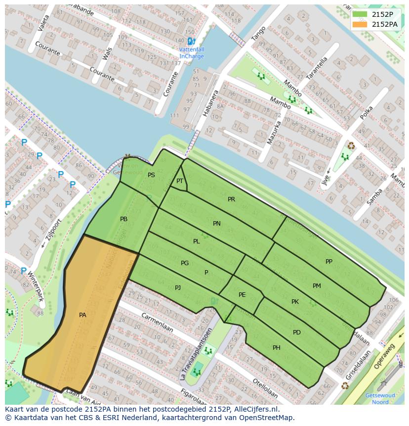 Afbeelding van het postcodegebied 2152 PA op de kaart.