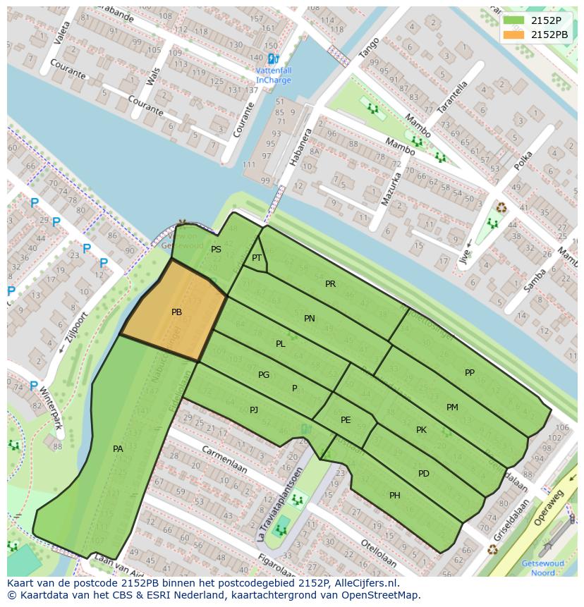 Afbeelding van het postcodegebied 2152 PB op de kaart.