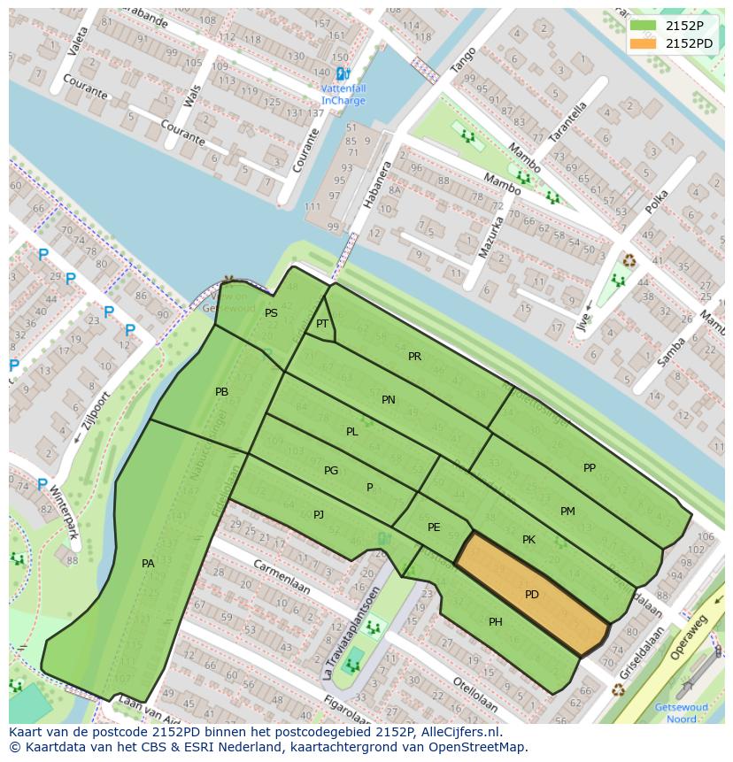 Afbeelding van het postcodegebied 2152 PD op de kaart.