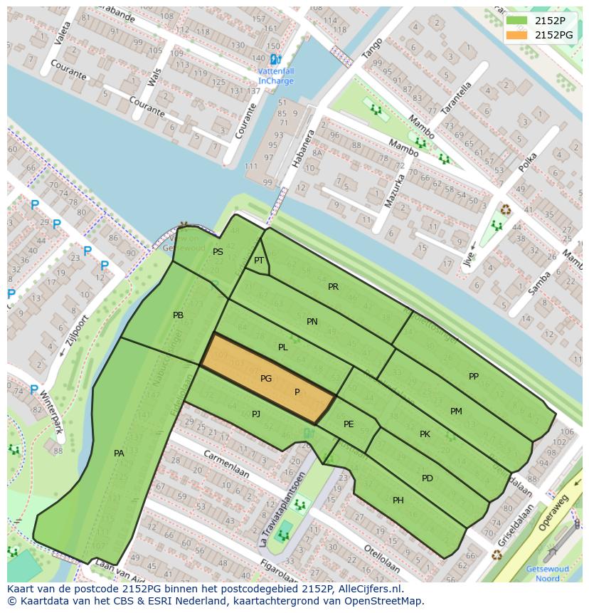 Afbeelding van het postcodegebied 2152 PG op de kaart.