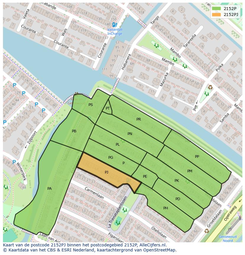 Afbeelding van het postcodegebied 2152 PJ op de kaart.