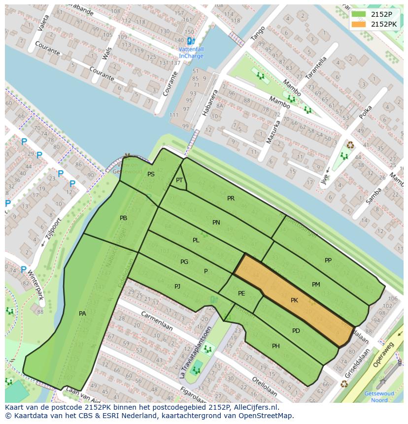 Afbeelding van het postcodegebied 2152 PK op de kaart.