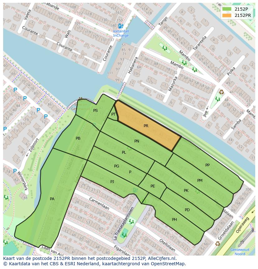 Afbeelding van het postcodegebied 2152 PR op de kaart.