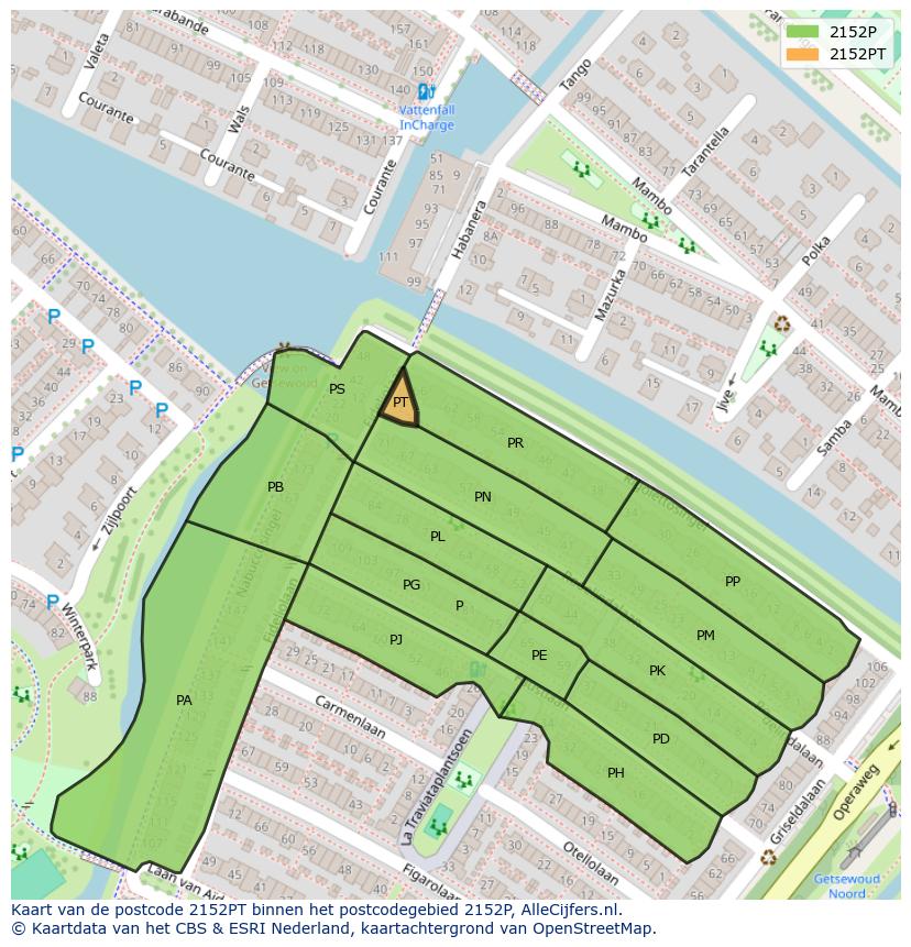 Afbeelding van het postcodegebied 2152 PT op de kaart.