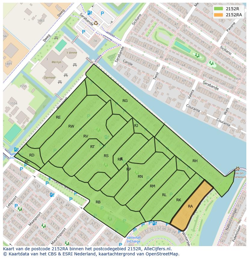 Afbeelding van het postcodegebied 2152 RA op de kaart.