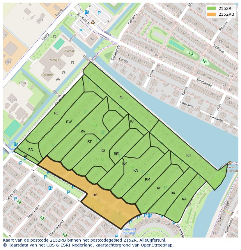 Afbeelding van het postcodegebied 2152 RB op de kaart.