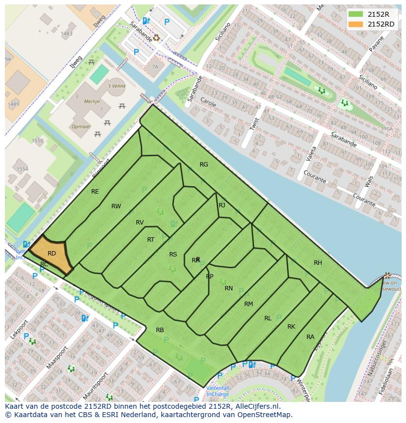 Afbeelding van het postcodegebied 2152 RD op de kaart.