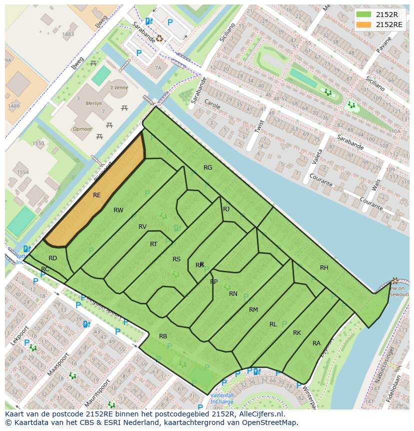 Afbeelding van het postcodegebied 2152 RE op de kaart.