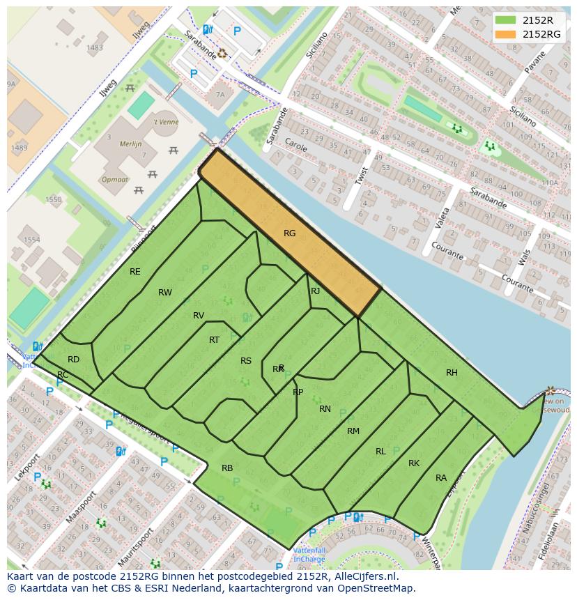 Afbeelding van het postcodegebied 2152 RG op de kaart.