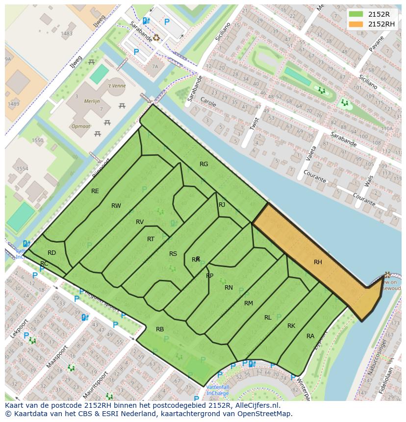 Afbeelding van het postcodegebied 2152 RH op de kaart.