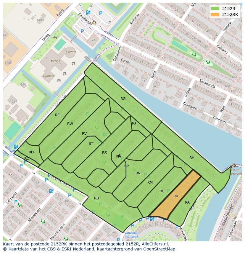 Afbeelding van het postcodegebied 2152 RK op de kaart.