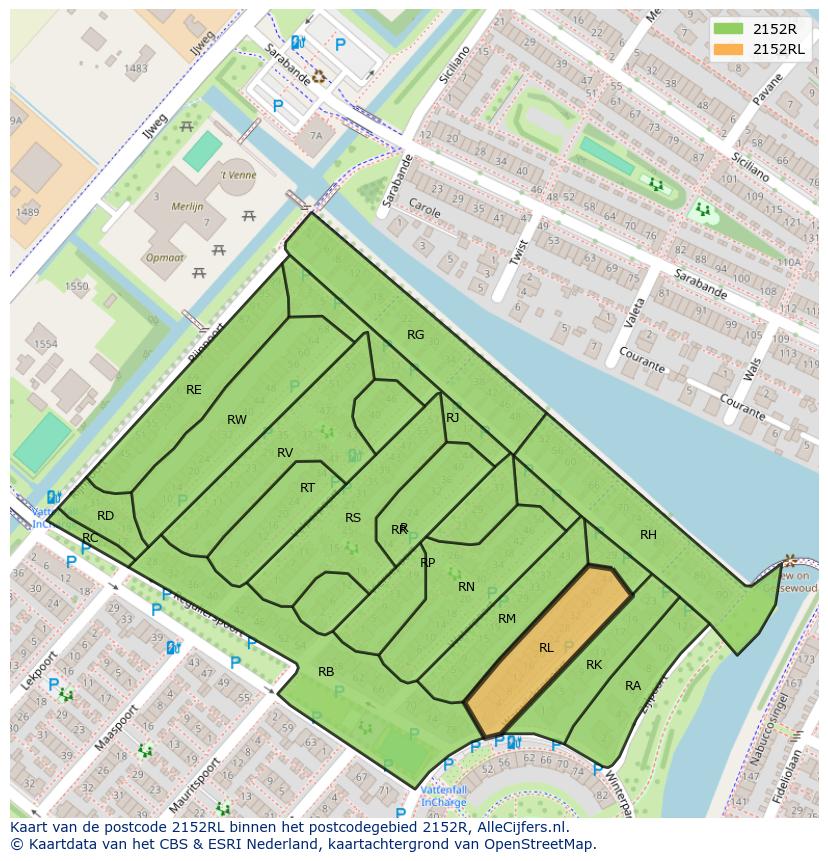 Afbeelding van het postcodegebied 2152 RL op de kaart.
