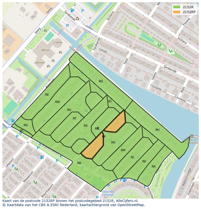 Afbeelding van het postcodegebied 2152 RP op de kaart.