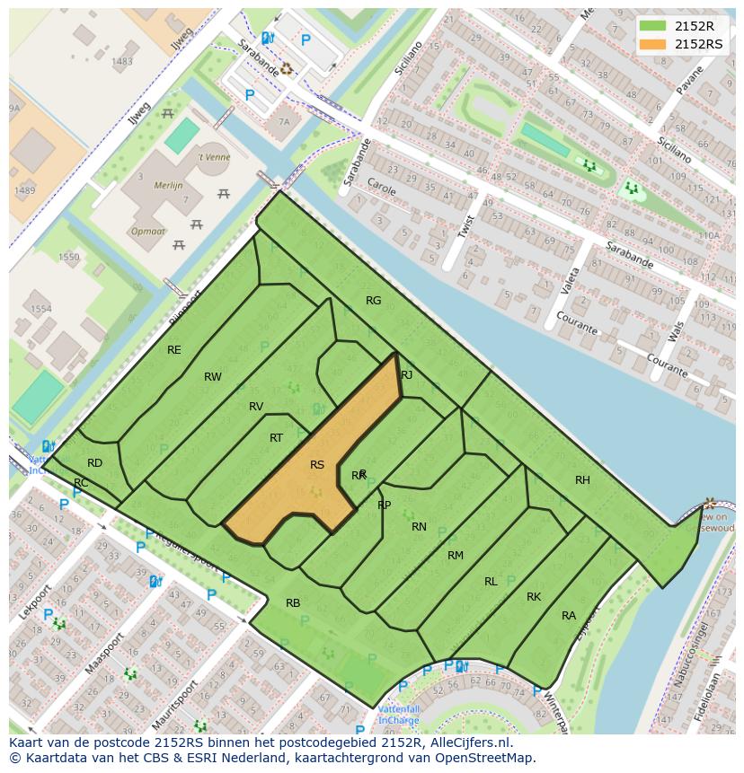 Afbeelding van het postcodegebied 2152 RS op de kaart.