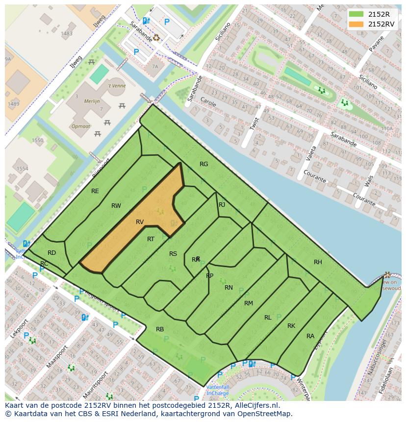 Afbeelding van het postcodegebied 2152 RV op de kaart.