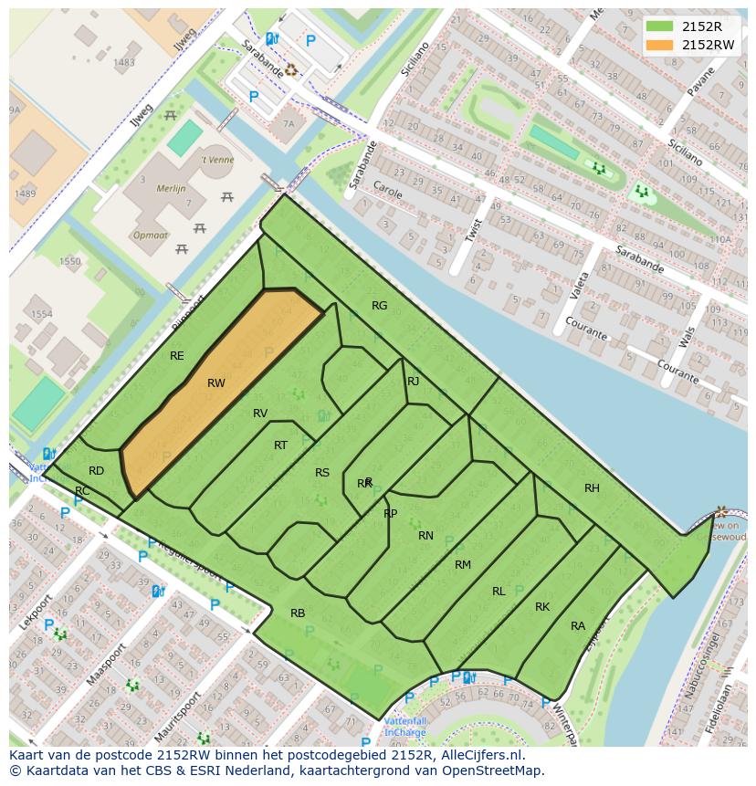 Afbeelding van het postcodegebied 2152 RW op de kaart.