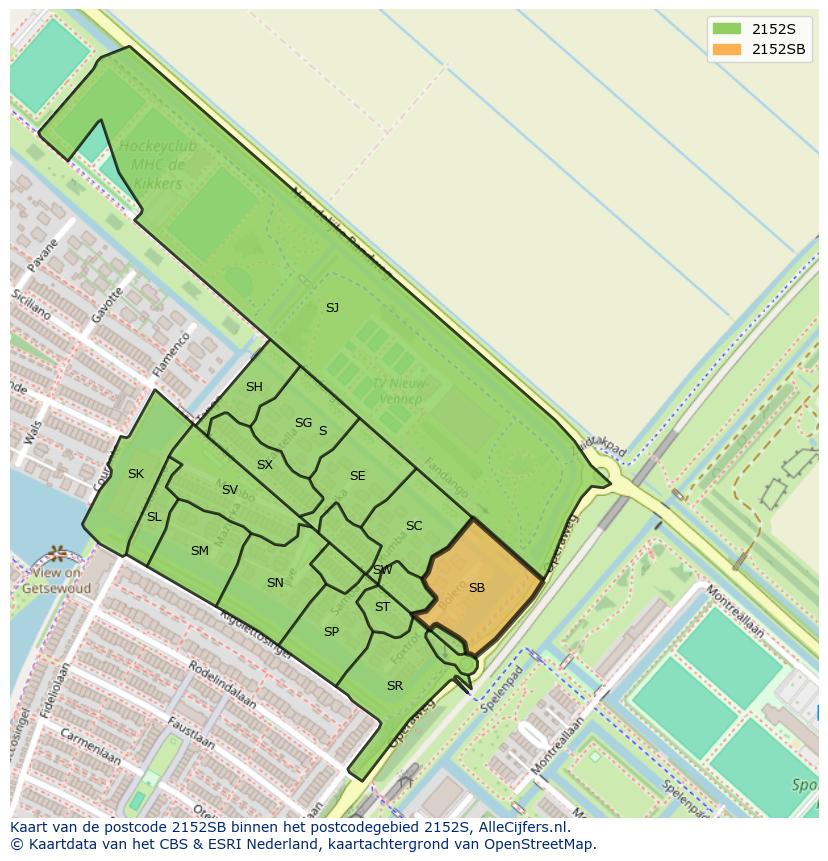 Afbeelding van het postcodegebied 2152 SB op de kaart.