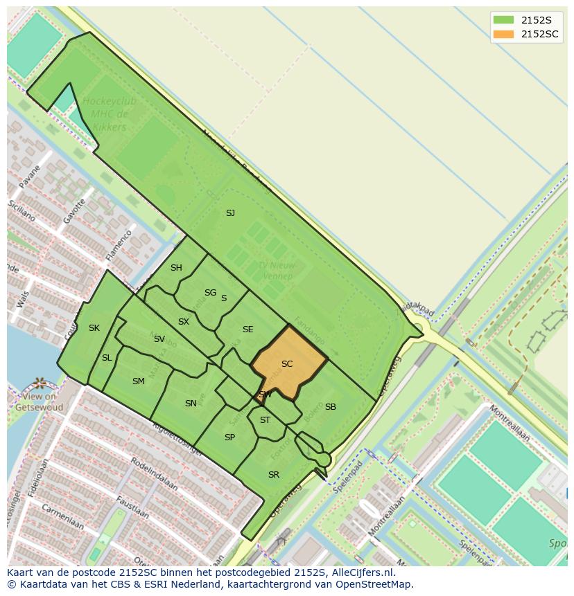 Afbeelding van het postcodegebied 2152 SC op de kaart.
