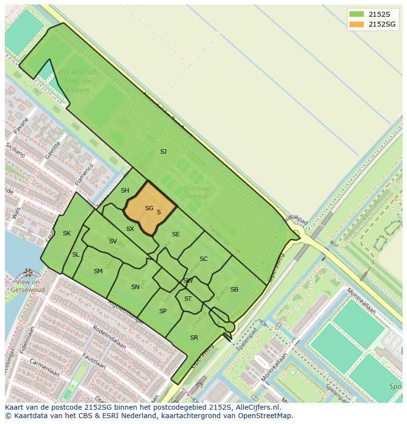 Afbeelding van het postcodegebied 2152 SG op de kaart.