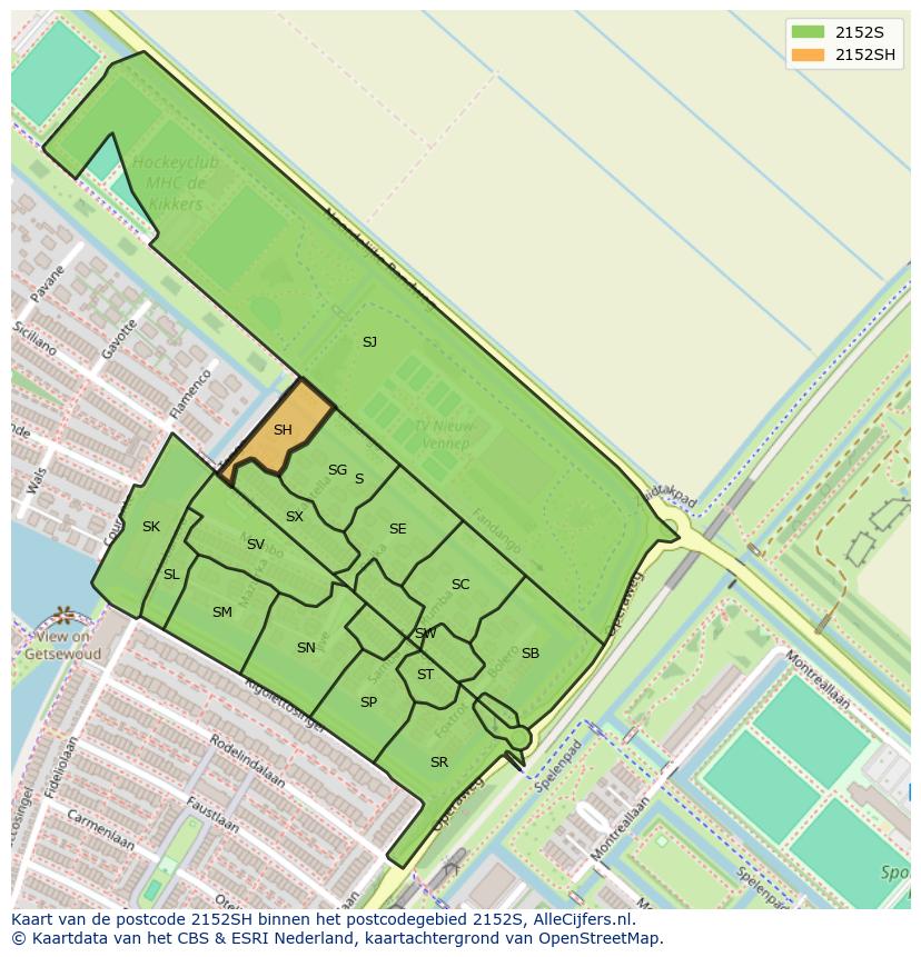 Afbeelding van het postcodegebied 2152 SH op de kaart.