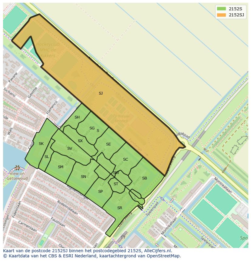 Afbeelding van het postcodegebied 2152 SJ op de kaart.