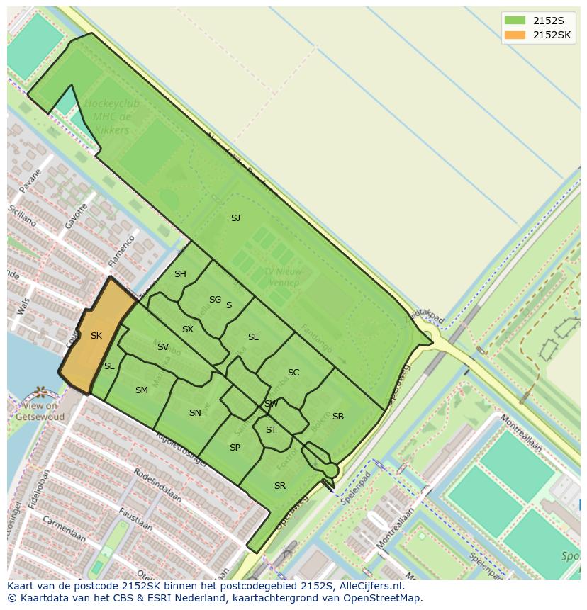 Afbeelding van het postcodegebied 2152 SK op de kaart.